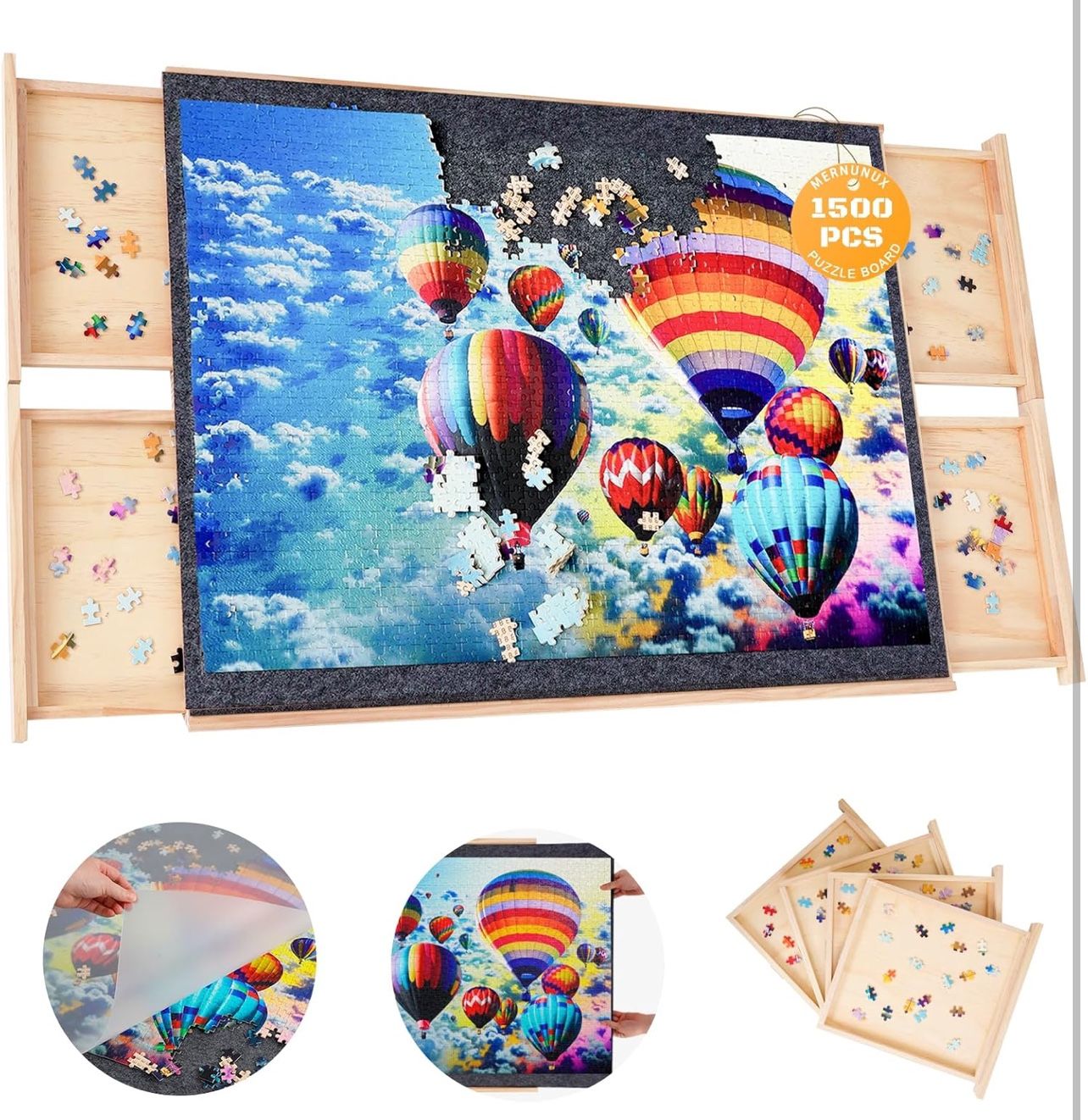 1500 Piece Puzzle Board with 4 Drawers, 27"x36" Wooden Jigsaw Puzzle Board with Cover, Portable Puzzle Board for Adults Kids Seniors