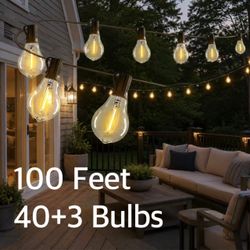 New In Box 100 Feet LED String Light With 40 Plus 3 Spare Bulbs Warm White Shatterproof Waterproof Bulb 