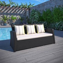 BRAND NEW 3- Person Sofa Black Synthetic Wicker With Aluminum Framing - Black
