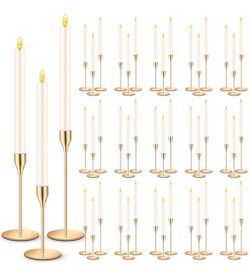 FillTouch 57 Pcs Gold Candle Holders with Ivory Flameless LED Candles Bulk Includes 30 Metal Candlestick Holders 30 Battery Operated Taper Candles for