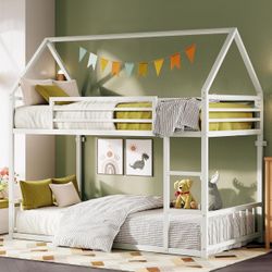 Bunk Bed Twin XL Over Twin XL,House Bed Frame with Ladder, White Twin Bunk Beds with Guardrail. House Shaped with Metal Slats for Bedroom. Space Savin
