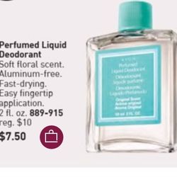 Avon Perfumed Liquid Deodorant Soft floral scent. Aluminum-free. Fast-drying. Easy fingertip application. 2 fl. oz.