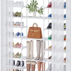 Buzowruil 9 Tiers Large Shoe Rack Shoe Storage Shoe Organizer 50-55 Pairs Shoe Tower Metal with Curtain for Entryway,White