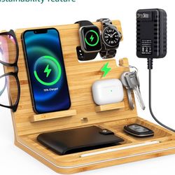 Bamboo Phone Docking Station, OTESS 6 in 1 Wireless Charging Station Compatible with iPhone/AirPods, Nightstand Organizer With Key Holder, Wallet Stan