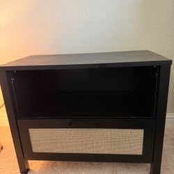 Black Nightstand with Rattan Drawer