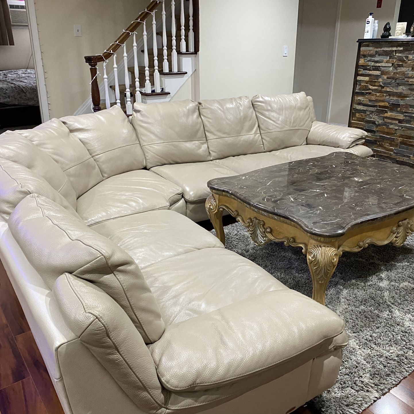 Leather Sectional Sofa With Antique Marble Center Table