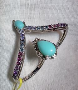 Sleeping Beauty Turquoise Multi Gemstone Double Band Ring Sterling Silver Size 8