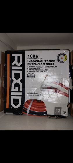 Ridgid 100ft 10/3 Heavy Duty Indoor/Outdoor SJTW Extension Cord With Lighted End, Orange/Grey
