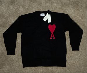 Ami Paris Black Crewneck Wool Sweater with red heart