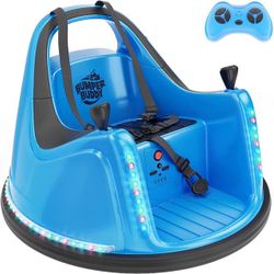 Bumper Buddy Electric Rechargeable Bumper Car for Kids - 360° Spin, Multi-Color Lights, Music, Remote Control, 2 Speeds, 5-Point Safety Harness - Blue