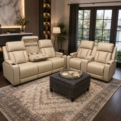 Beige 2 pc power reclining sofa and loveseat set