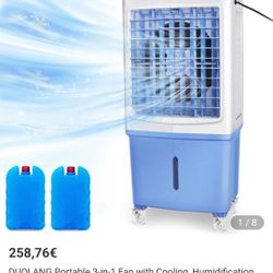  Portable 3-in-1 Fan with Cooling, Humidification and Purification Functions 3 Wind Speeds Adjustable 12 Gallon Water Tank - Blue