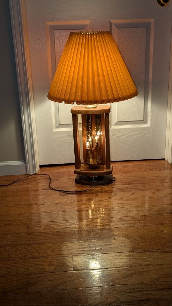 Vintage MCM Don Ward Etched Amber Glass Wood & Brass Lamp