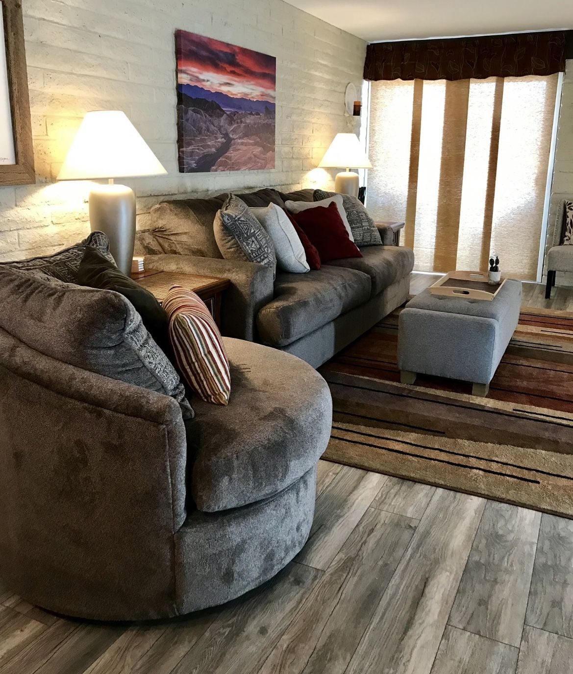Like New Fold-out Sleeper Sofa And Circle Swivel Chair.