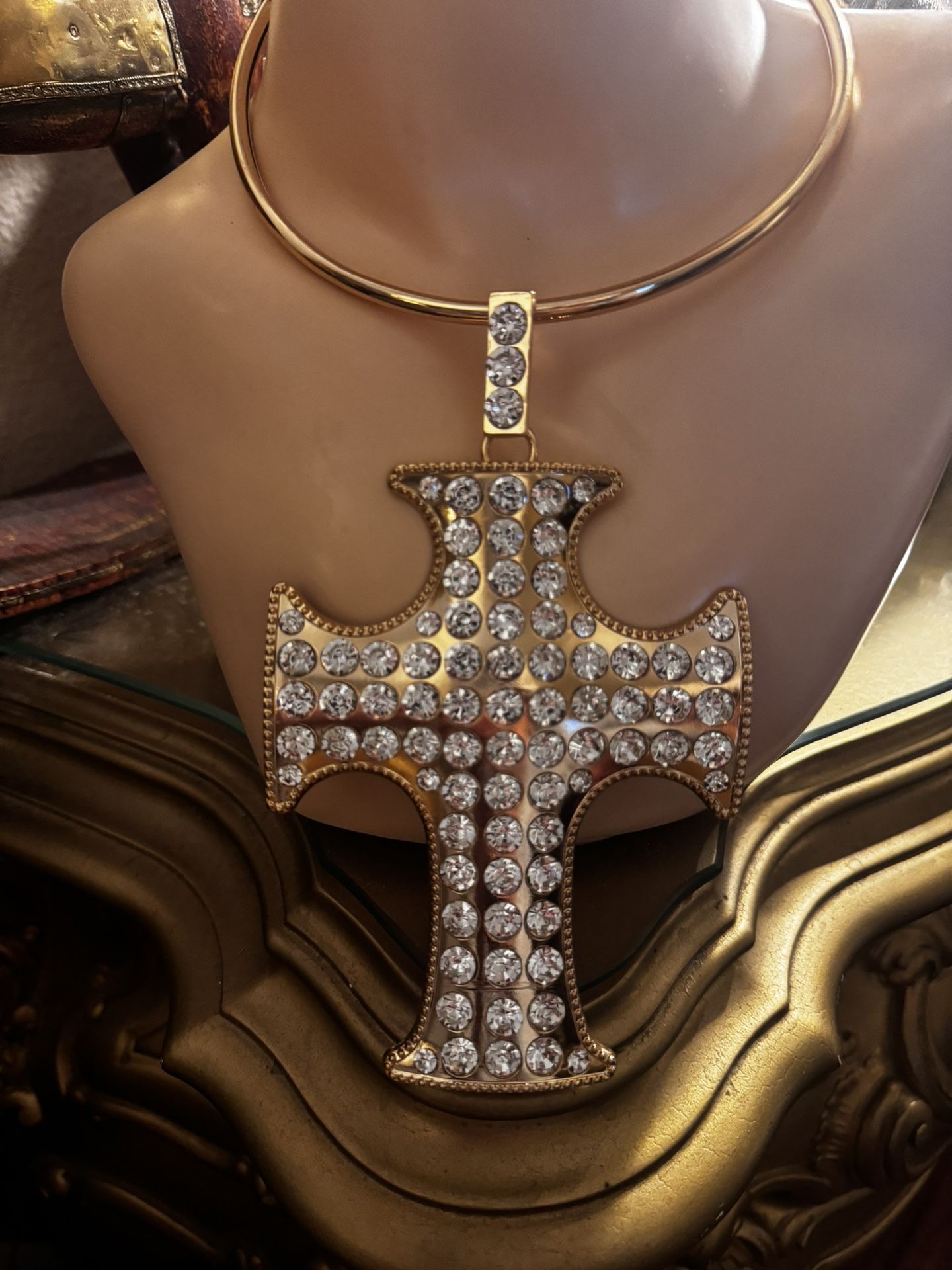 Large cross choker rhinestones gold tone extravaganza statement piece, Christian necklace