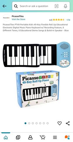 PicassoTiles PT49 Portable Kid's 49-Key Flexible Roll Up Educational Electronic Digital Music Piano Keyboard w/ Recording Feature, 8 Different Tones