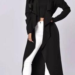 Fashion Nova Long Black Belted Wide Lapel Cardigan Size Medium Excellent Preloved Condition 