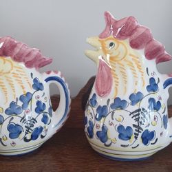 Pair of vintage ceramic Rooster  Pitchers made in Spain.