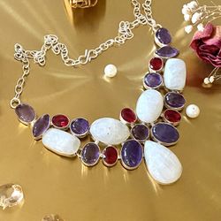 Rainbow Moonstone, Amethyst And Garnet 925 Sterling Silver Overlay Handcrafted Cluster Necklace