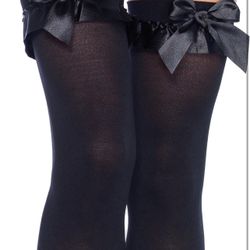 BLACK  Thigh Highs with Satin Ruffle Trim and Bow 