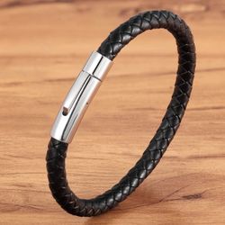 MEN BLACK LEATHER BRAIDED WRAP  BRACELET TRENDY ! GIFT 🎁 SILVER CLOSURE