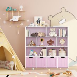 Toy Storage Organizer, Large Toy Organizers and Storage with 4 Movable Drawers and 7 Storage Cubbies, Toy Chest Shelf Organizer with Hidden Wheels, Ki