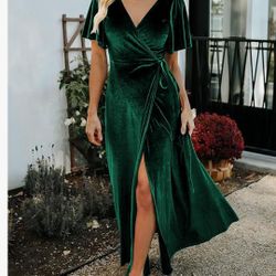 CYiNu Women's Long Velvet Dress, V-Neck, Flared Sleeves, with Slit, Elegant Cocktail Dress