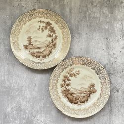 Vtg Mitterteich Bavaria Decor Plate Shepherd Fisherman Gold Gilt 7 3/8” Set 2