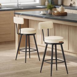 Bar Stools Set of 4  Lbc089w Swivel Counter Height Bar Stools with Back, Synthetic Leather with Stitching, Mid-Century Modern, 25.6-