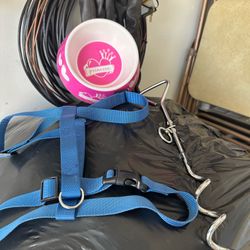 Dog harness, slow feeder bowl regular bowl and ground stake