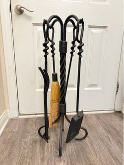 Fireplace Tool Set with Stand (Includes Brush, Shovel, Poker, Tongs + Extra Grill Cleaner)