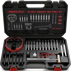 Premium Pin Punch Hammer Set: 25-Piece Punch Set and Hammer with Bench Block, Steel Roll Pin Punch Set, Pin Punches with Replaceable Face Hammer, Mech