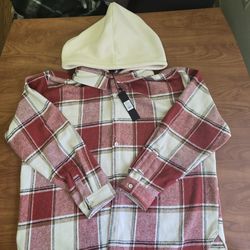 Chopping Block Hooded Shacket in Red/Combo.