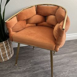 Velvet Dining Chairs, Modern Accent Chair with Golden Mental Legs, Upholstered Hand Weaving Armchair for Dining Room Kitchen Living Room (Orange)