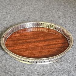 Vintage 10in Wood Grain Formica Brand Brown and Silver Bar Tray