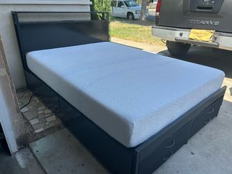CAMA NUEVA FULL SZ DE MADERA Y METAL CON LUZ LED Y CONECTORES USB Y 8 CAJONES CON COLCHÓN MEMORY FOAM USADO BUENA COND 👍