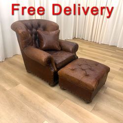 Hancock and Moore Tufted Leather Churchill Chair and Ottoman