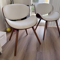 Mid Century Modern - Crème Leather Chairs; Wood Frame