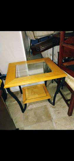 Glass on wood end table/coffee table