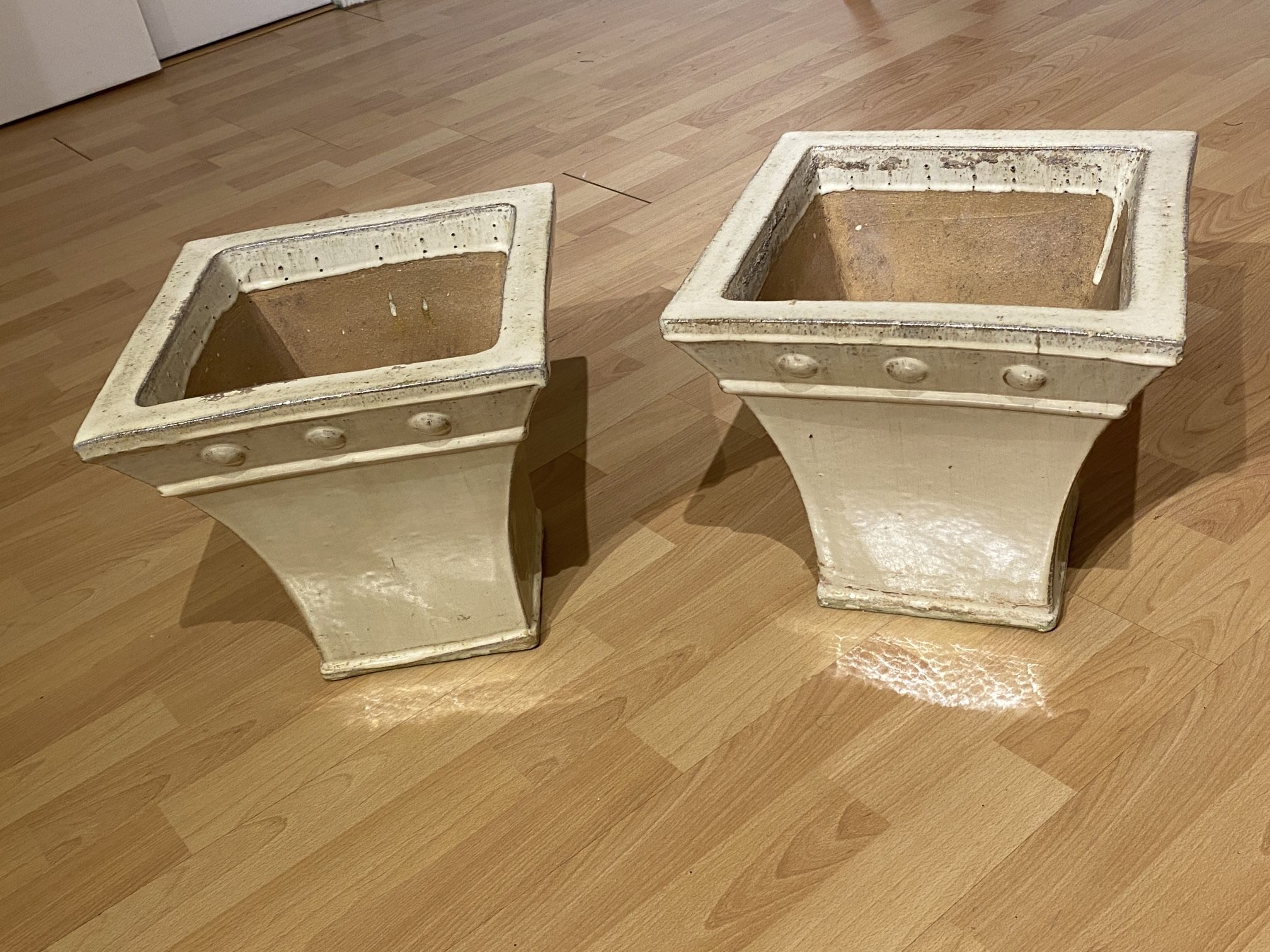 Of 2 Heavy Duty Outdoor Glazed Pots Creamy Lemon Color With Drainage Holes