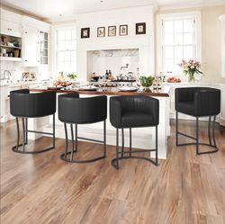 27"H Modern Faux Leather Barrel Bar Stools, Black (Set of 4)