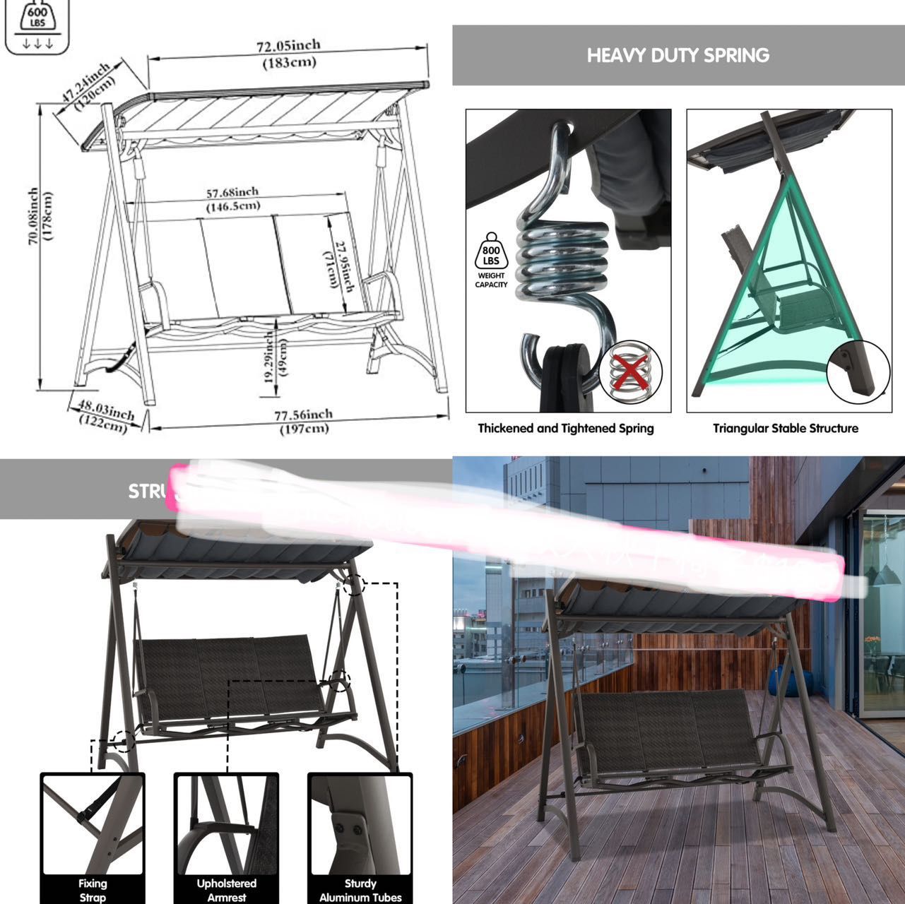 2-Person Patio Porch Swing Chair, Outdoor Canopy Hanging Swing Lounge Chair Adjustable Shade, Removable Cushions- Black and Beige