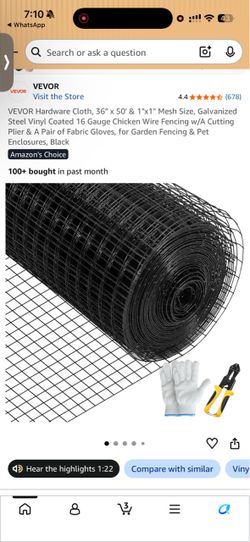 VEVOR Hardware Cloth, 36" x 50' & 1"x1" Mesh Size, Galvanized Steel Vinyl Coated 16 Gauge Chicken Wire Fencing w/A Cutting Plier & A Pair of Fabric Gl