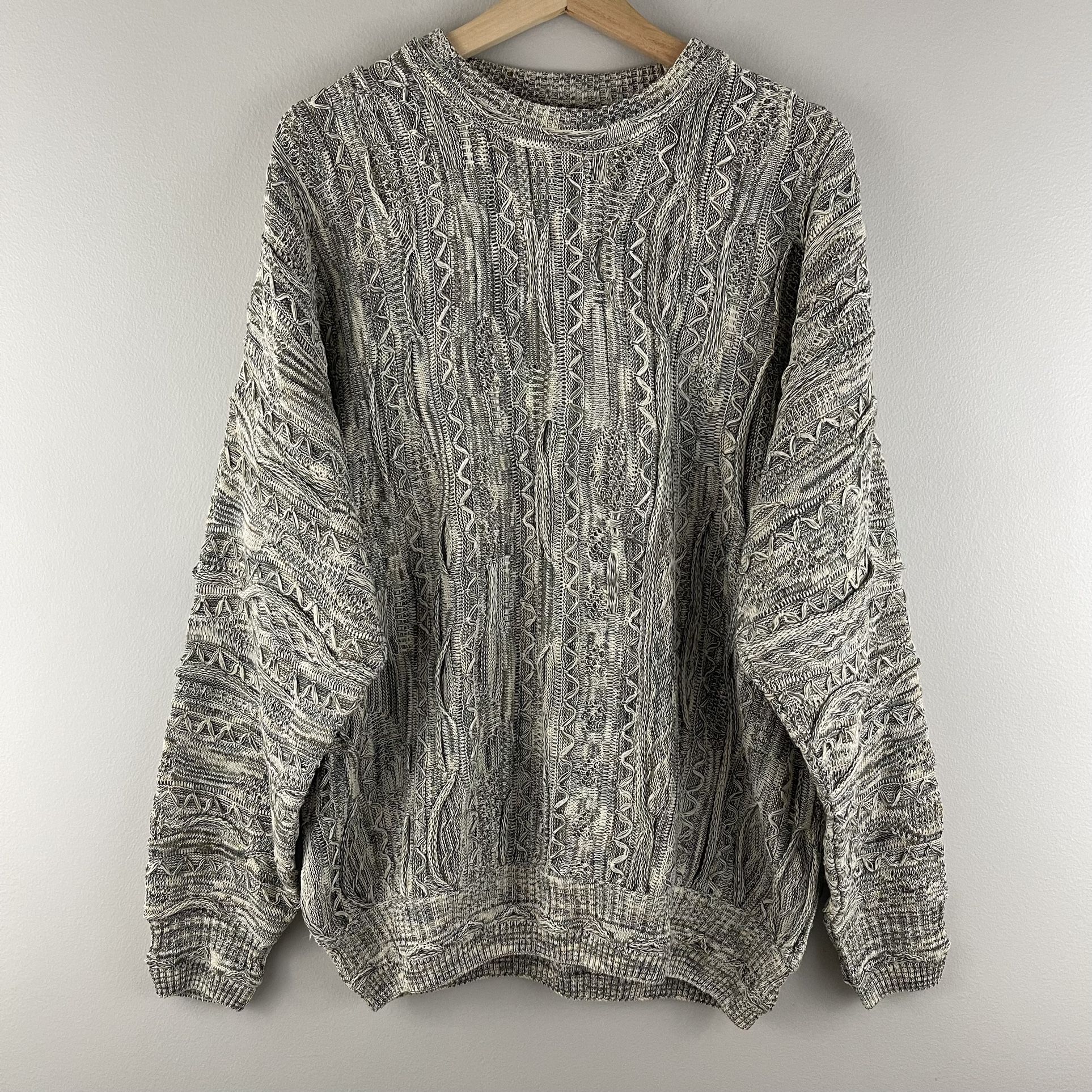 Vintage 90’s Coogi Vibes White Grey Textured Grandpa Oversized Chunky Sweater