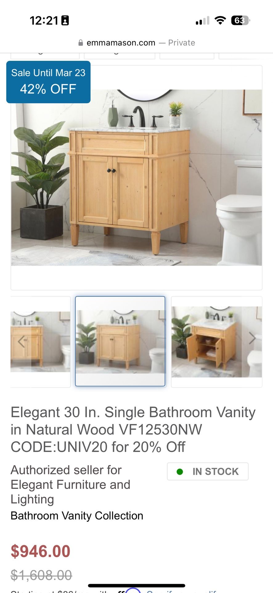 Elegant 30 In. Single Bathroom Vanity in Natural Wood VF12530NW