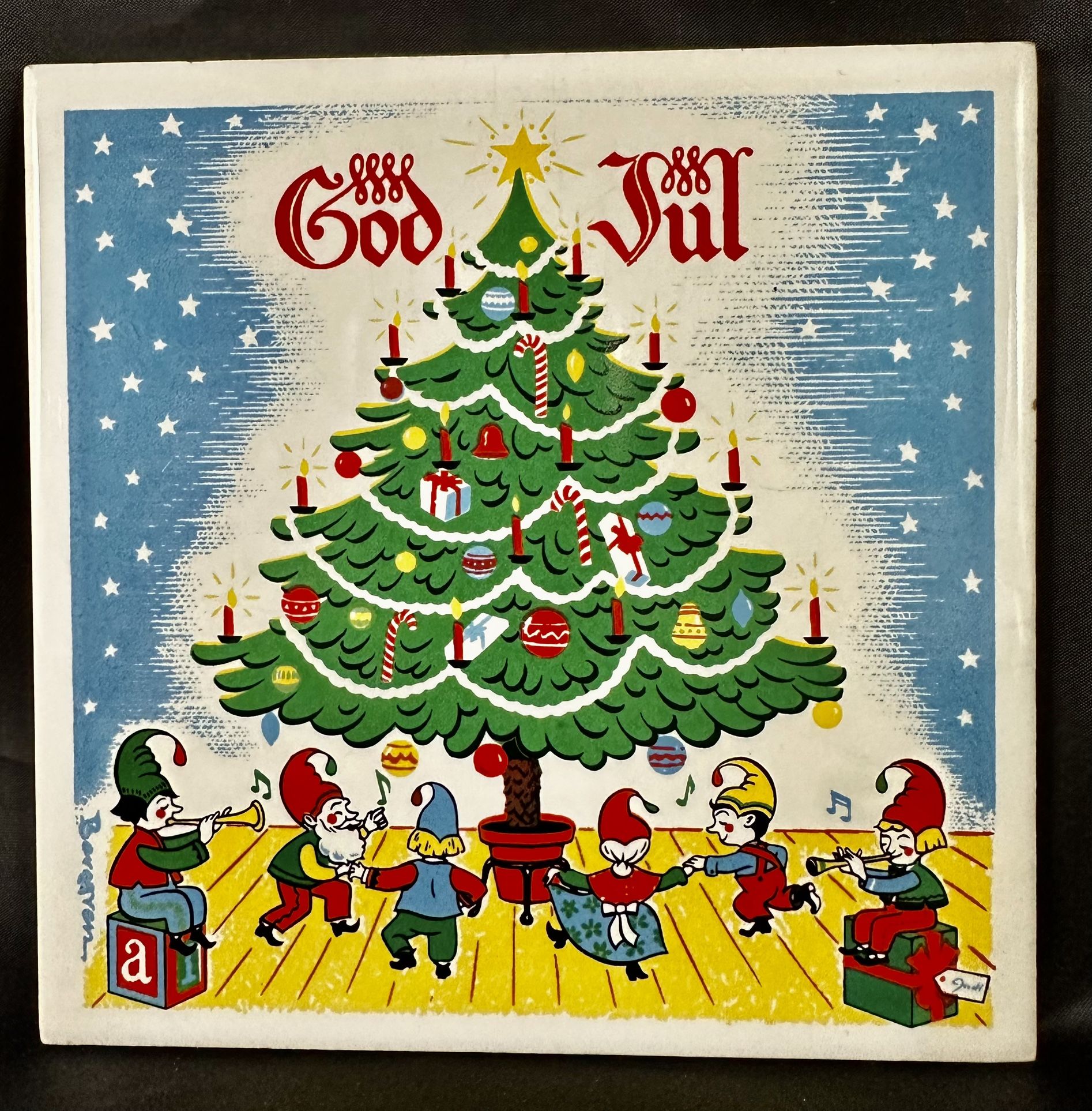 Vintage 1960s Berggren Folk Christmas Holiday Tile Trivet