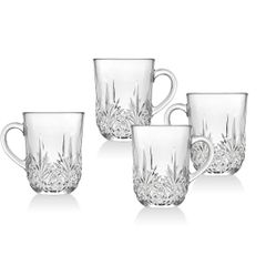 Dublin Crystal Set of 4 Glass Coffee Mugs with Handle, Decorative Pattern