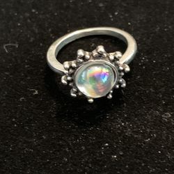 Silver Ring With White Iridescent Stone 