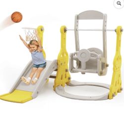 Ealing 4 in 1 Slide and Swing Set for Toddlers Indoor Outdoor Playground Playset with Basketball Hoop, Bucket Style Swing Seat,Slide  38.18 in Length,