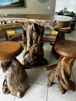 teak tree root wood table and stools